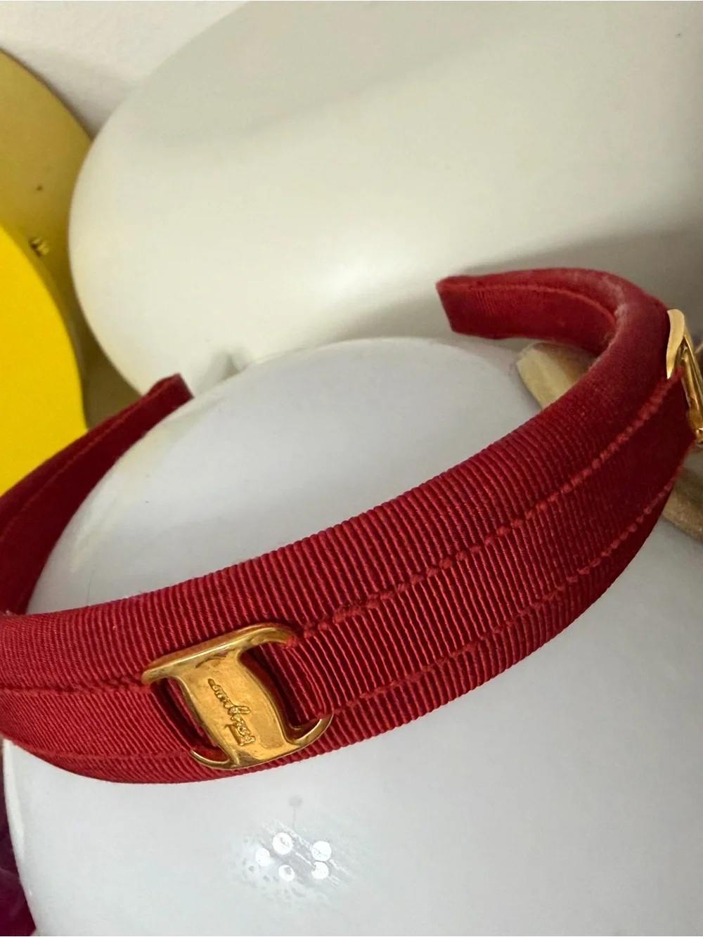 Salvatore Ferragamo Red Grosgrain Headband with Gold Logo Buckle